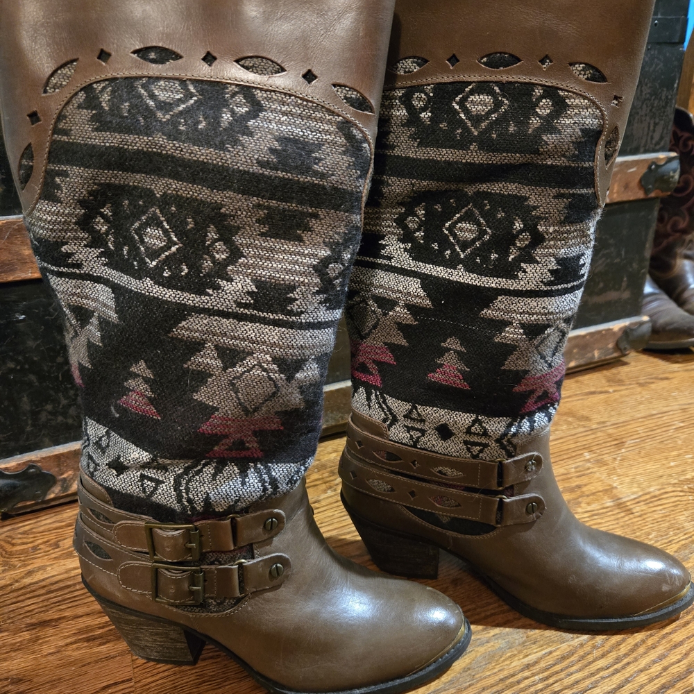 Brown and Black Patterned Boots with Buckles